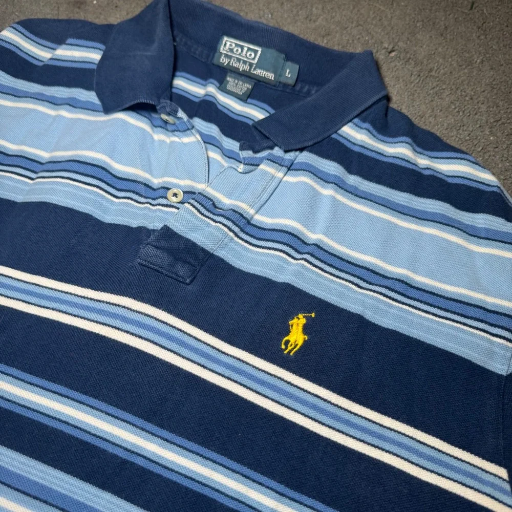 Polo Ralph Lauren Mens Large Blue Striped Short Sleeve Cotton Pique Polo Shirt